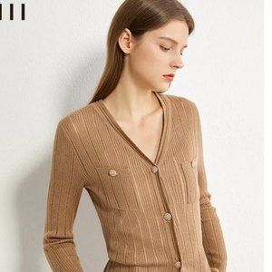 AMII Khaki Tan V-neck Sweater with Button Details